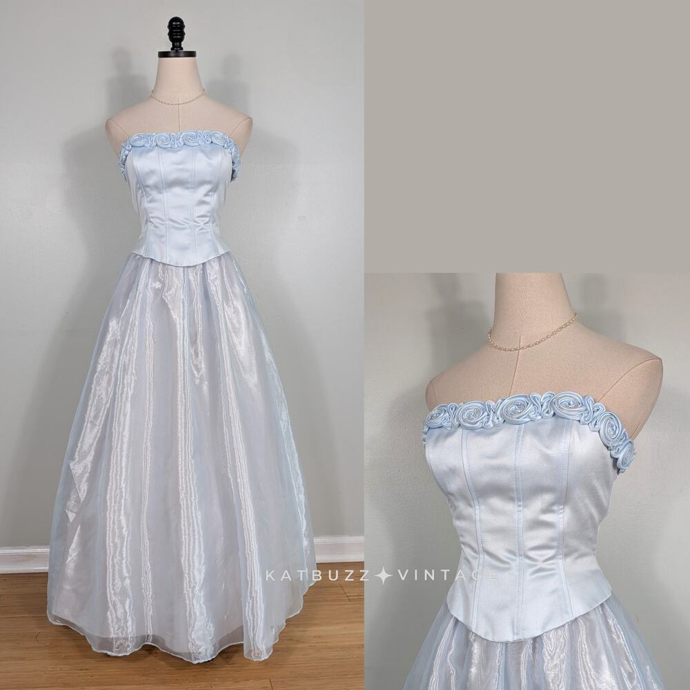 Vintage Prom Dress Maxi Gown S Blue Fairy Princess 90s Y2K Cinderella Strapless